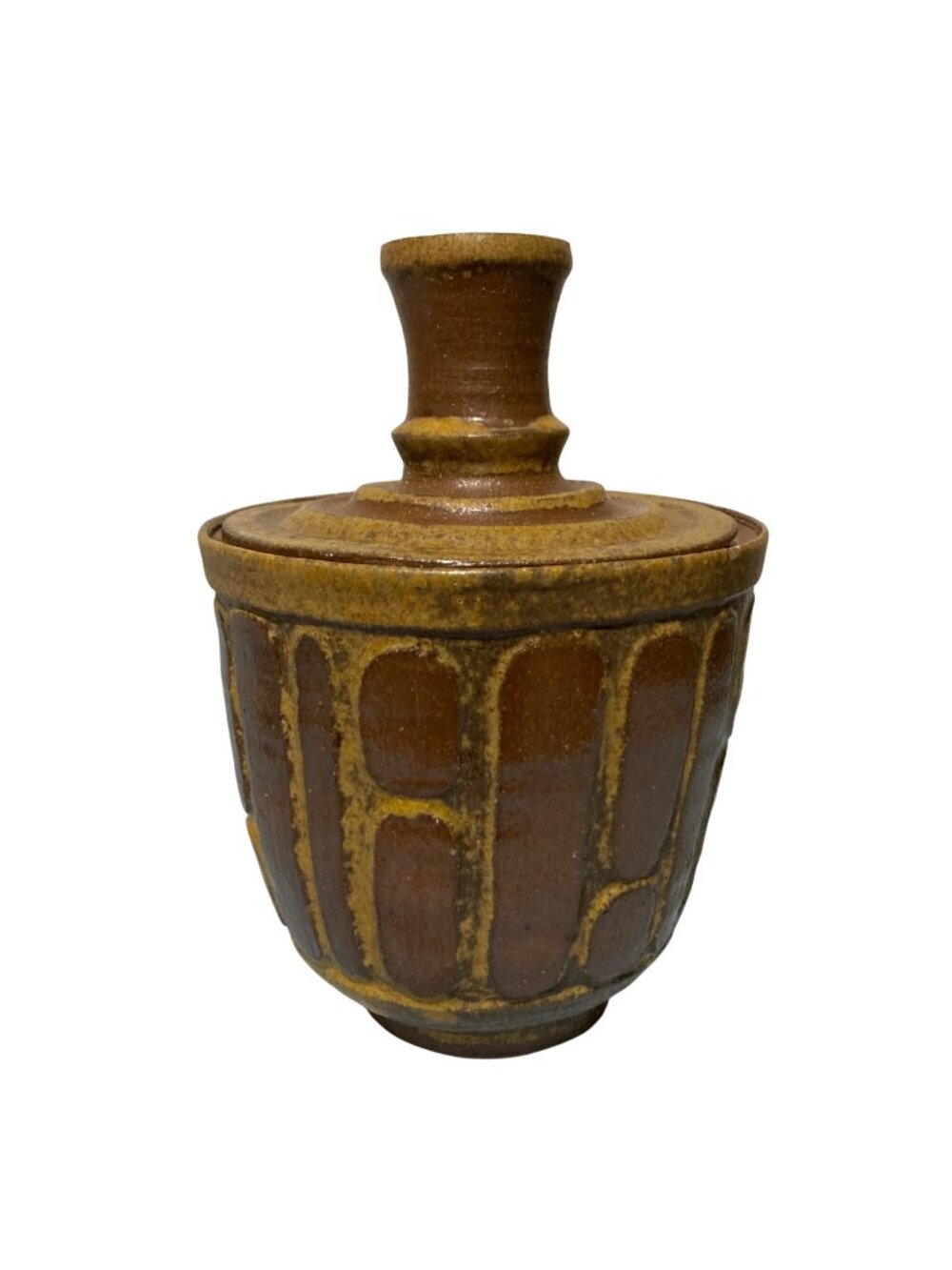 Mid Century Modern Brown Pottery Geometric Textured Glaze Jar With Lid